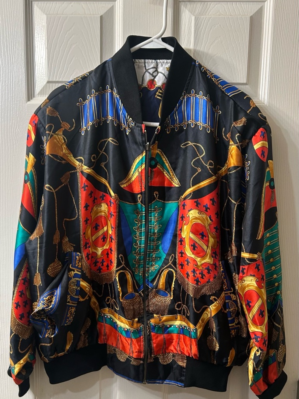 SILKY  VINTAGE ORNATE TRUMPETS AND DRUMS REVERSIBLE BOMBER JACKET